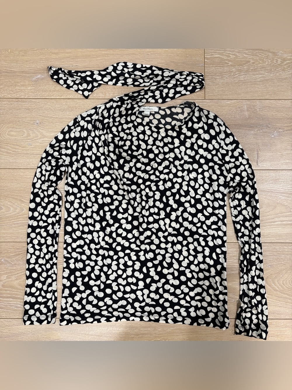 Max Mara Tie Neck Long Sleeve Polka Dot Jersey Top Blouse Black White M Flaw